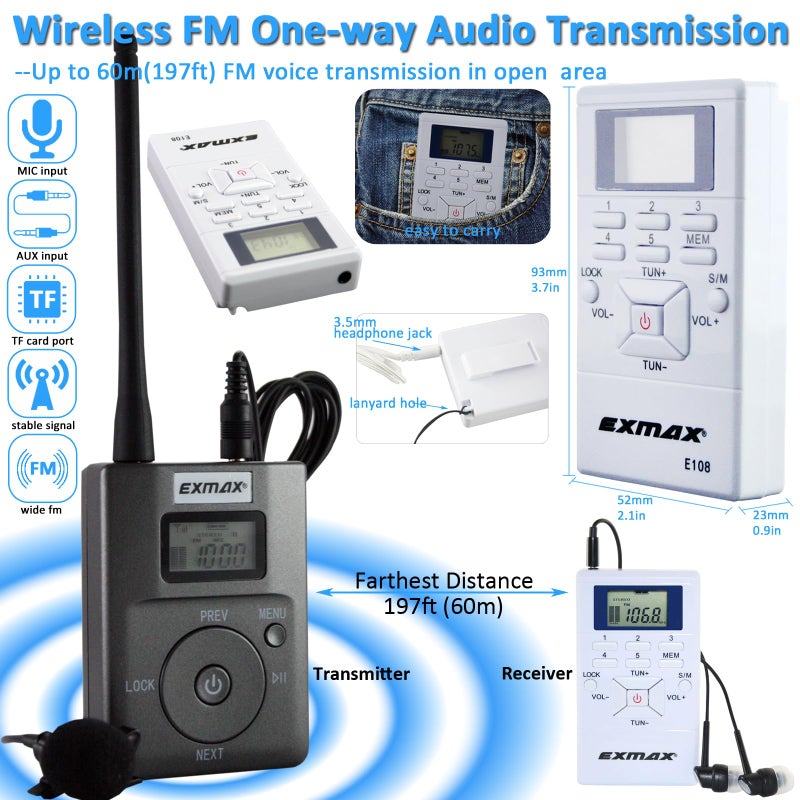 EXMAX E108 DSP Stereo Wireless Headsets FM Radio Broadcast System for Tour Guide Teaching Meeting Training Travel Field Interpretation 1 Transmitter & 10 Receivers (White) - Image 3